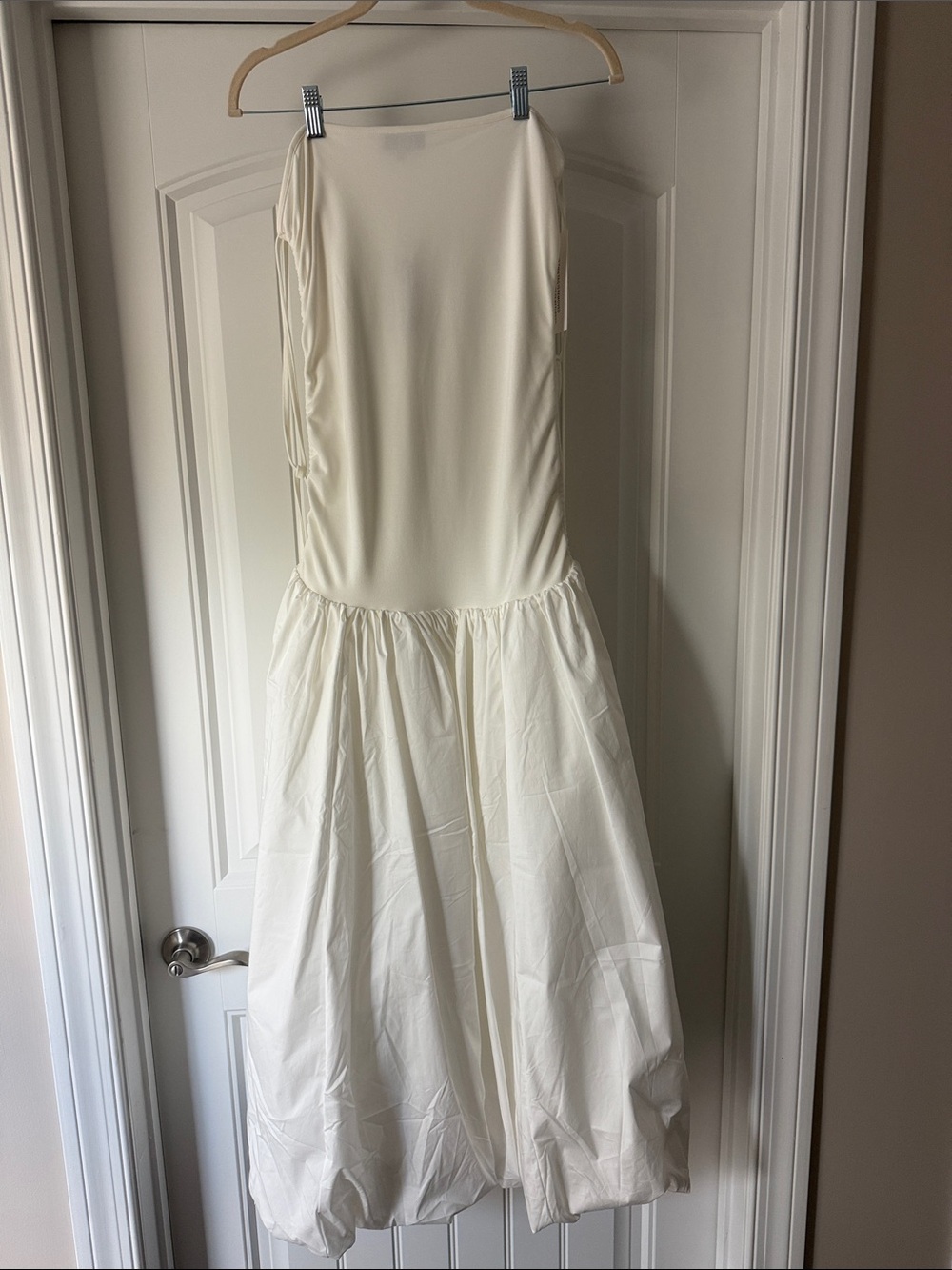 AMYLYNN Strapless White Midi Dress with Gathered Drop Waist